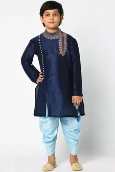 Blue embroidered art dupion silk boys-kurta-pyjama