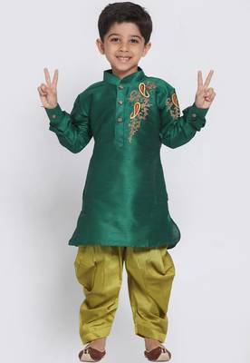 Green embroidered art dupion silk boys-kurta-pyjama 1