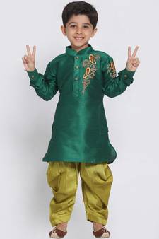 Green embroidered art dupion silk boys-kurta-pyjama