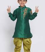 Green embroidered art dupion silk boys-kurta-pyjama