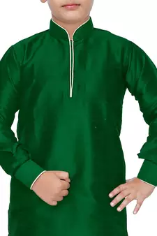 Green plain art dupion silk boys-kurta-pyjama