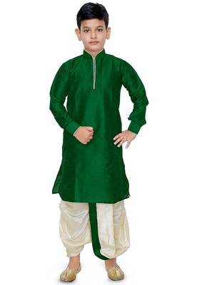 Green plain art dupion silk boys-kurta-pyjama 1