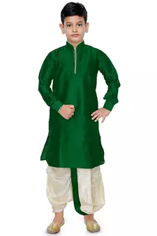 Green plain art dupion silk boys-kurta-pyjama
