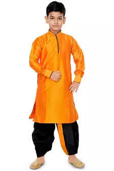 Orange plain art dupion silk boys-kurta-pyjama