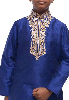 Blue embroidered art dupion silk boys-kurta-pyjama 3
