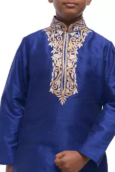 Blue embroidered art dupion silk boys-kurta-pyjama
