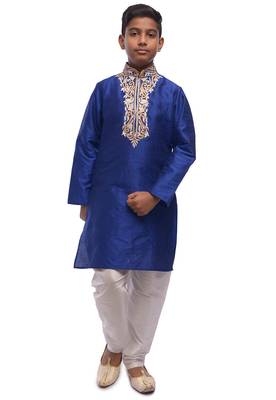 Blue embroidered art dupion silk boys-kurta-pyjama 1