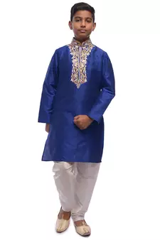 Blue embroidered art dupion silk boys-kurta-pyjama