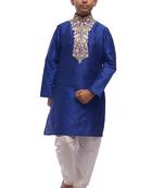 Blue embroidered art dupion silk boys-kurta-pyjama
