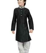 Black embroidered art dupion silk boys-kurta-pyjama