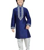 Blue embroidered art dupion silk boys-kurta-pyjama