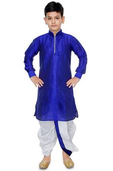 Blue plain art dupion silk boys-dhoti-kurta