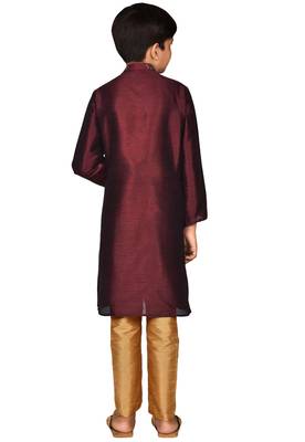 Maroon embroidered art dupion silk boys-kurta-pyjama 2