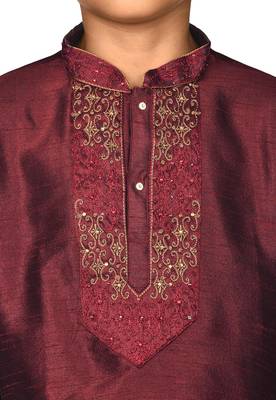 Maroon embroidered art dupion silk boys-kurta-pyjama 4