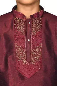 Maroon embroidered art dupion silk boys-kurta-pyjama