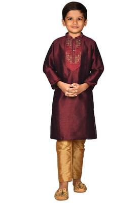 Maroon embroidered art dupion silk boys-kurta-pyjama 1