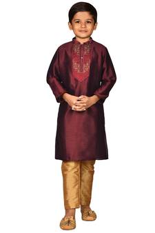 Maroon embroidered art dupion silk boys-kurta-pyjama