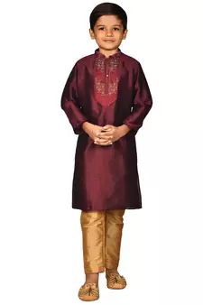 Maroon embroidered art dupion silk boys-kurta-pyjama
