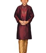 Maroon embroidered art dupion silk boys-kurta-pyjama