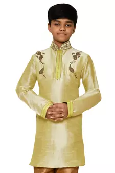 Fawn embroidered art dupion silk boys-kurta-pyjama