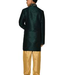 Green printed art dupion silk boys-kurta-pyjama