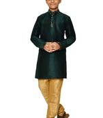 Green printed art dupion silk boys-kurta-pyjama