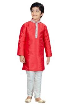 Red embroidered art dupion silk boys-kurta-pyjama