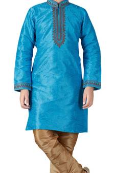 Blue printed art dupion silk boys-kurta-pyjama