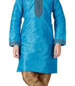Blue printed art dupion silk boys-kurta-pyjama