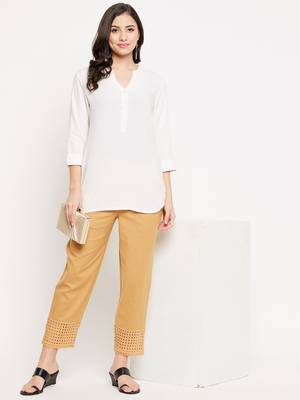 Beige plain cotton trousers 2
