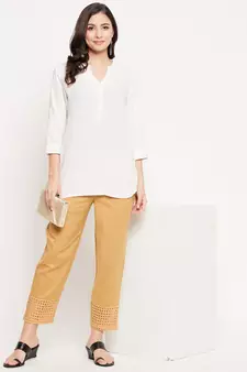 Beige plain cotton trousers