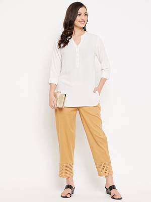 Beige plain cotton trousers 3
