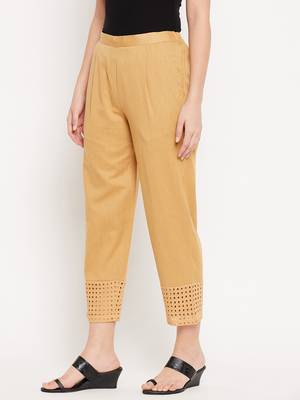 Beige plain cotton trousers 4