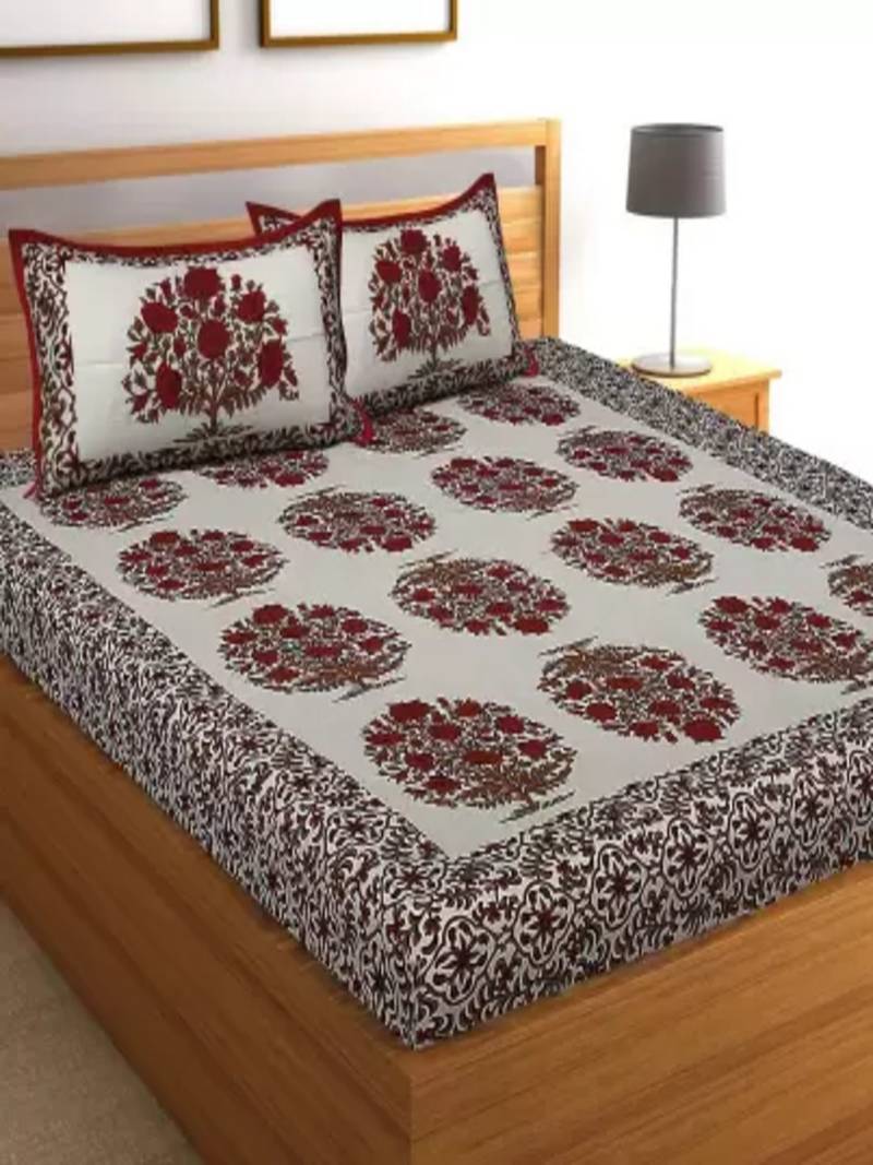 Runjhun Queen Size 100% Comfort Soft Cotton  Rajasthani Jaipuri Traditional Double Bedsheets With 2 Pillow Covers