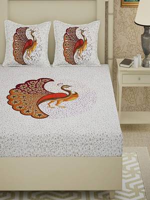 Runjhun Queen Size 100% Comfort Soft Cotton Peacock Print Rajasthani Jaipuri Double Bedsheets With 2 Pillow Covers 1