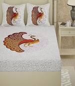 Runjhun Queen Size 100% Comfort Soft Cotton Peacock Print Rajasthani Jaipuri Double Bedsheets With 2 Pillow Covers