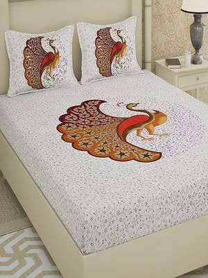 Runjhun Queen Size 100% Comfort Soft Cotton Peacock Print Rajasthani Jaipuri Double Bedsheets With 2 Pillow Covers 2