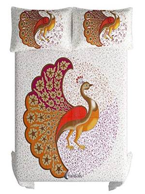 Runjhun Queen Size 100% Comfort Soft Cotton Peacock Print Rajasthani Jaipuri Double Bedsheets With 2 Pillow Covers 4