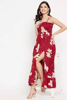Maroon woven polyester long-dresses