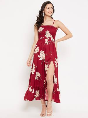 Maroon woven polyester long-dresses 3