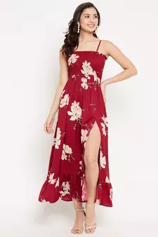 Maroon woven polyester long-dresses