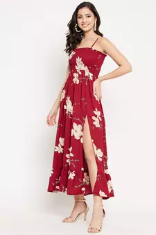 Maroon woven polyester long-dresses