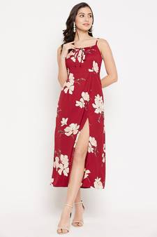 Maroon woven polyester maxi-dresses