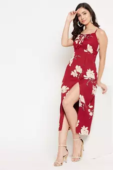 Maroon woven polyester maxi-dresses