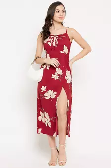 Maroon woven polyester maxi-dresses