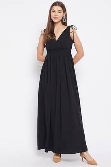Black woven polyester long-dresses