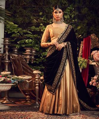 Oxidised Gold Lehenga Set With Velvet Dupatta Shawl 1