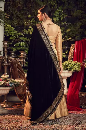 Oxidised Gold Lehenga Set With Velvet Dupatta Shawl