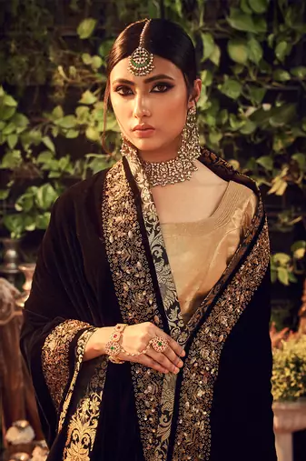 Oxidised Gold Lehenga Set With Velvet Dupatta Shawl
