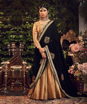 Oxidised Gold Lehenga Set With Velvet Dupatta Shawl 1